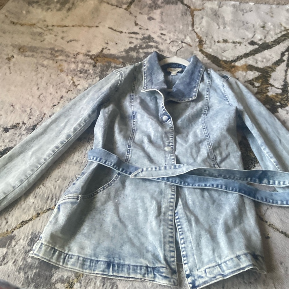 Denim washed long jacket with belt size small cloud washed denim never worn